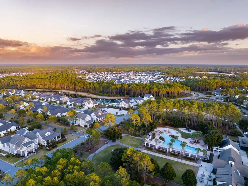 The community at golden hour, with its resort-style pool